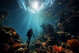 Fototapeta Do akwarium - Vibrant coral ecosystems illustrated as a diver explores the underwater world