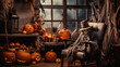 Сozy and nostalgic Halloween background with autumn decorations, scarecrows ans pumpkins. Halloween Wallpaper. Commercial Photo. Generative Ai