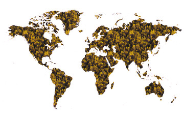world map made up of various detailed trees on solid white background including the shadows. this 3d