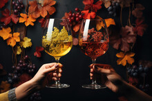 Two Glasses Of Red White Wine On Colorful Grapes Leaves Background. Romantic Evening.