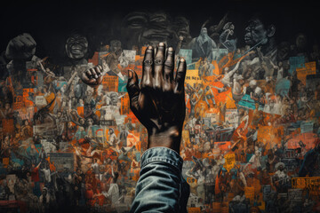 Sticker - A close-up of a person's hand creating a mural that depicts various aspects of human rights, from freedom of speech to equality. Generative Ai.