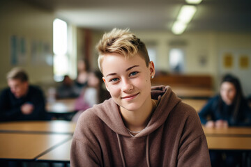 Student girl dressed in sweatshirt in high school classroom