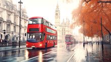 London Red Bus In Middle Of City Street. Evening Mist. Autumn Mood. Banner.