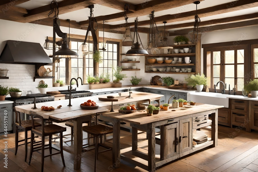 Create a rustic farmhouse kitchen with wooden beams and vintage ...