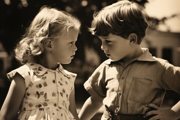 Wall Mural - Little girl with curly hair looks at little boy angrily