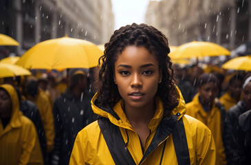 Wall Mural - Portrait of beautiful black girl in yellow rain coat isolated in crowd of people background, fashion banner with copy space, diversity template 