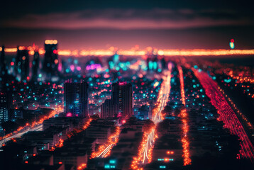 Abstract neon city aerial view. Technology concept of night cityscape with blue lights in synthwave style.