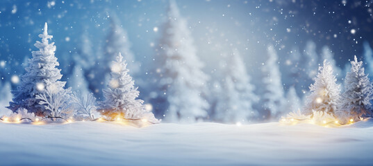  winter blurred background. Xmas tree with snow decorated with garland lights, holiday festive background. Widescreen backdrop