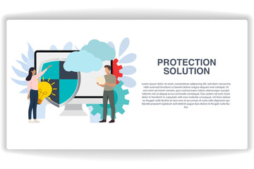 Wall Mural - a woman was pointing at the shield. website page protection solution. modern flat design concept of 