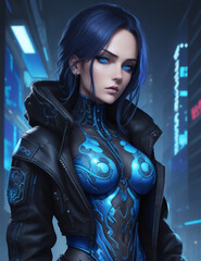 Wall Mural - A cyber-girl walks lightly along the neon street of the city of the future.