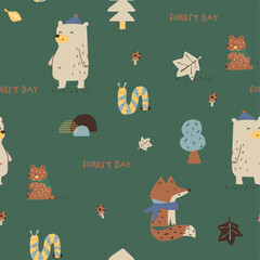 Wall Mural - Cute bear fox worm
forest animals tree mushroom cute woodland animals design for kids market as vector