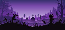 Halloween Background With Zombie Hand And Skeleton Hand, Cemetery For Holiday Poster. Creepy And Mystical Background With Cross, Grave, Tombstone And Dead Man For Dark Fear October Design