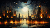 Fototapeta Londyn - painting city with genius mind content strange buildings glowing monuments