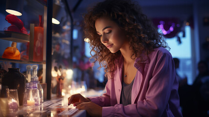 Wall Mural - young pretty woman sitting in front of the window