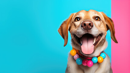 Wall Mural - Happy smiling dog isolated on colored background.