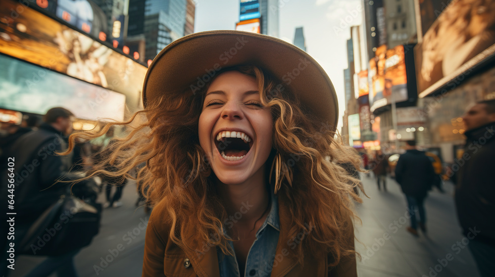 Happy young woman walking  on the street in New York city. Portrait of american young woman with curly hair in New york. New york city sightseeing travel banner.