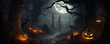 Halloween background with pumpkins and bats in the dark forest.