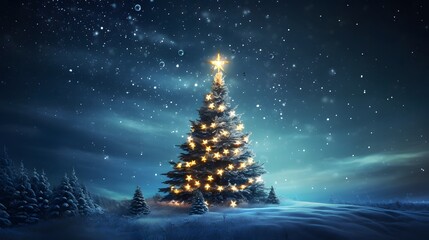 Canvas Print - Fantastic winter landscape with christmas tree. 3D rendering. Christmas background with christmas tree, snow and stars. Beautiful christmas night.	