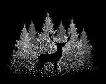 Christmas Illustration Of Deer And Fir-trees. Vector Illustration