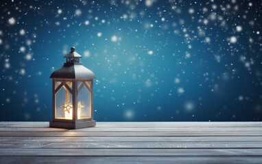 Wall Mural - Winter snowy stage background with lantern, wooden floors and Ramadan lights on blue background, banner layout, copy space