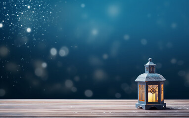 Wall Mural - Winter snowy stage background with lantern, wooden floors and Ramadan lights on blue background, banner layout, copy space