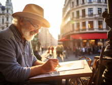 A Photo Of An Elderly Gentleman Sketching A Scenic European Cityscape