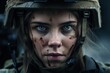 Portrait of a woman at war. Female soldier face portrait, close up. Military news banner generated by AI