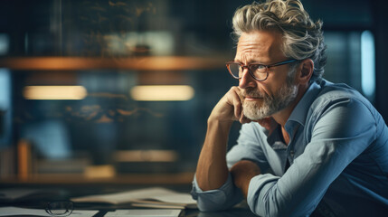 A portrait of a successful business man in a suit supporting his head with his hands and looking thoughtful