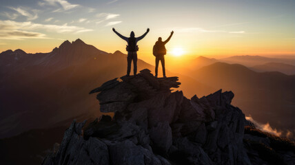 Poster - Two tourists with arms up on the top of the mountain - Hikers on the cliff raising hands to the sky.