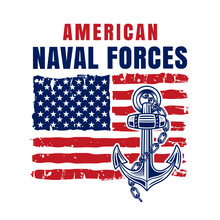American Naval Forces Vector Illustration In Colored Style With USA Flag And Anchor