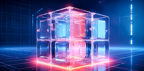 Sticker - Neon cube background with glowing reflections, puzzle-like elements,  light and space.