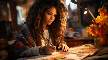  a woman is painting on a canvas in a dark room