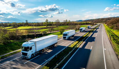 Convoy of white Trucks with containers on highway, cargo transportation concept in springtime - freight service