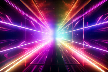 Sticker - Neon tunnel gradient background with red, pink and blue colors, poster, rustic futurism, light emerald and magenta, rainbow tunnel with neon lights.