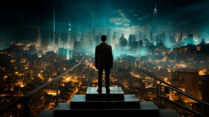 Wall Mural - a man standing on a balcony looking at a city