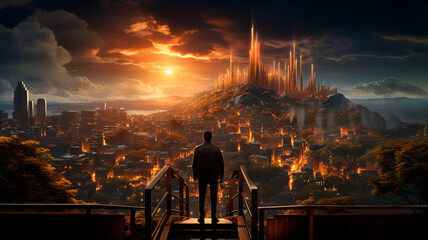 Wall Mural - a man standing on a balcony looking at a city