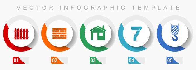 Leinwandbilder - Home building icon set, miscellaneous icons such as fence, brick wall, home, gutter and crane hook, flat design vector infographic template, web buttons in 5 color options