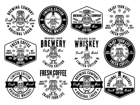 Drinks cartoon characters set of vector emblems, badges, labels or logos in monochrome style isolated on white background