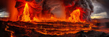 Breathtaking volcano eruption, magma flowing, ash cloud billowing, dynamic lighting illuminating the scene