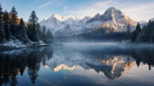 Alpine Lake Surrounded By Snow - Capped Peaks, Reflection Of The Mountains And Pines In The Water, Dawn Light