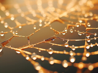 a dew - kissed spider web, intricate details, morning light, golden reflections