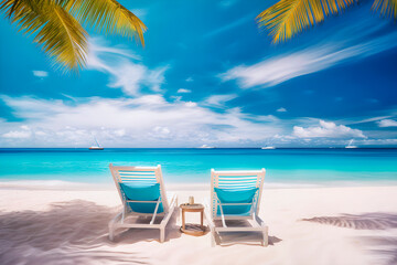 Wall Mural - Two empty beach chairs on beach.