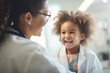 Latin hispanic female doctor examining child patient in hospital, modern clinic, mental health assessment, child wellness concept
