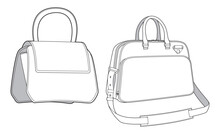 Lady Handbag Flat Sketch Fashion Illustration Drawing Template Mock Up, Top Handle Kelly Bag Cad Drawing. Ladies Messenger Bag Flat Sketch Vector