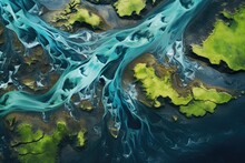 Fantasy Alien Planet. Abstract Fractal Shapes. 3D Rendering Illustration Background. Aerial View From Above On A Green And Blue Glacier River Stream In South Iceland, AI Generated