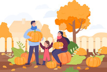 Happy Family At Pumpkin Patch Farm Vector Illustration. Cartoon Drawing Of Mother, Father And Daughter During Seasonal Traditional Gathering. Harvest, Marketing, Farming, Autumn, Thanksgiving Concept