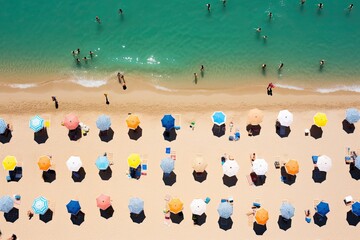 Wall Mural - Aerial view of people on the beach with umbrellas and sunbeds, Aerial view of people sunbathing on the beach in summer, AI Generated