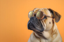 Creative Animal Concept. Bullmastiff Dog Puppy In Sunglass Shade Glasses Isolated On Solid Pastel Background, Commercial, Editorial Advertisement, Surreal Surrealism