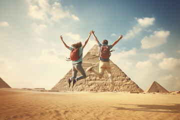 Wall Mural - Travel, leisure, lifestyle, vacation concept. Young couple traveling in Egypt. Giza pyramid in background during sunny and hot day in desert. Generative AI