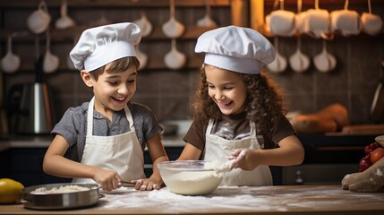 Wall Mural - Happy kids baking delicious cookies. Generative AI